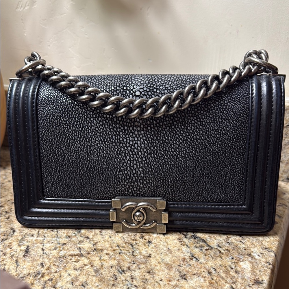 Chanel Shagreen Stingray Black Leather Chain Boy Bag Old Medium